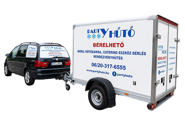 Közepes méretű mobil hűtőkamra személyautóhoz kapcsolva
