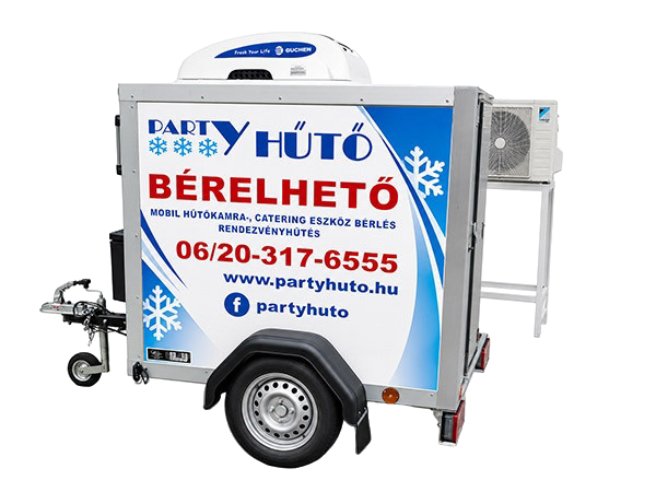 Kis méretű mobil hűtőkamra bérelhető felirattal